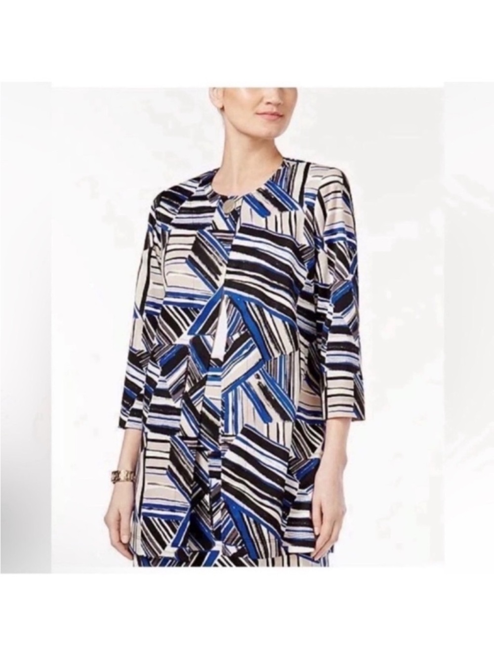 NWT Kasper crew Flyaway Topper Long Blazer Jacket Sz 8 Black Cobalt Blue White